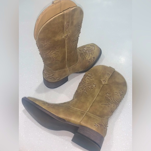Roper Shoes Womens Roper Kennedy Glitter Square Toe Tan Cowboy